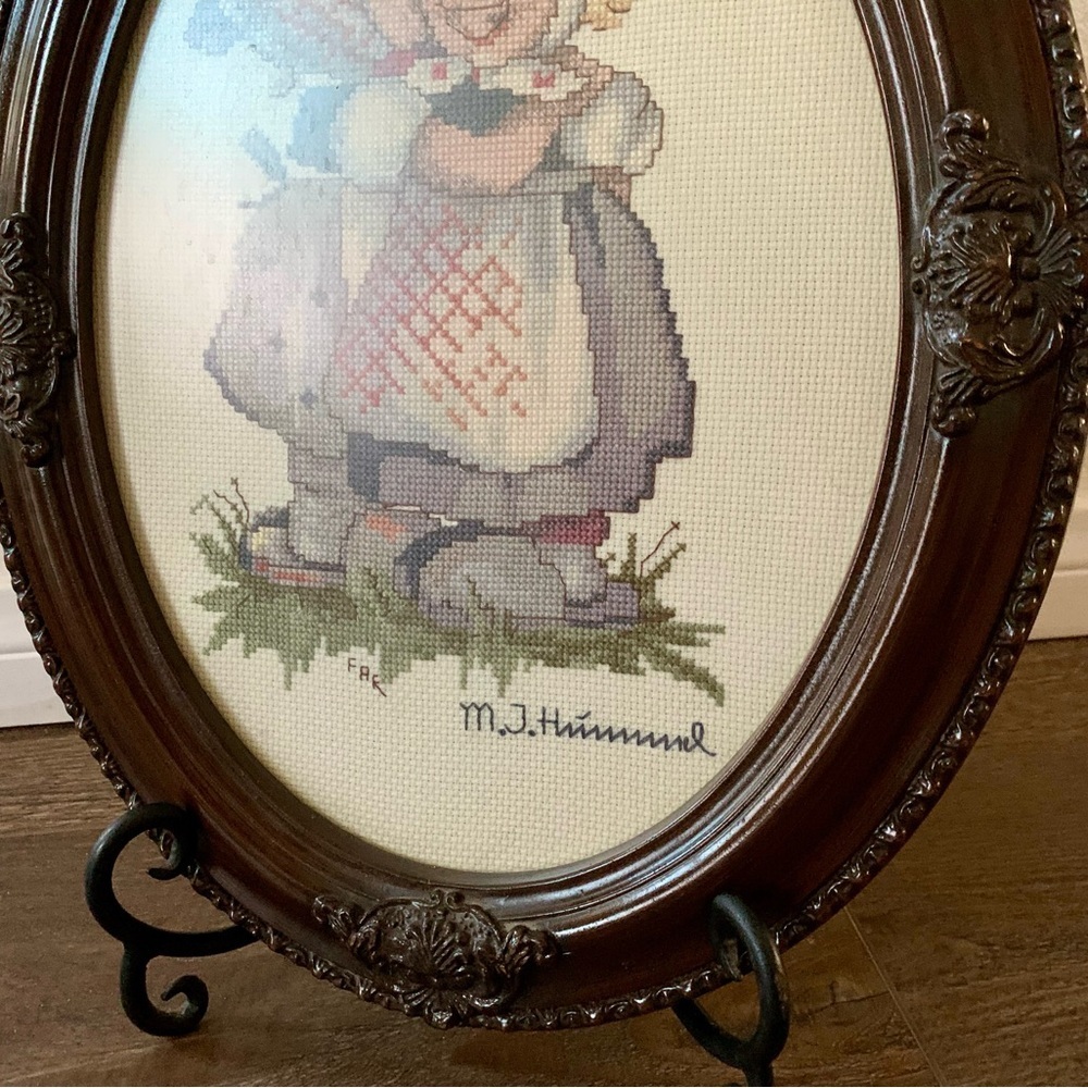 Vintage Wooden Frame Cross Stitch Hummel Picture 11/14” - Picture 2 of 13